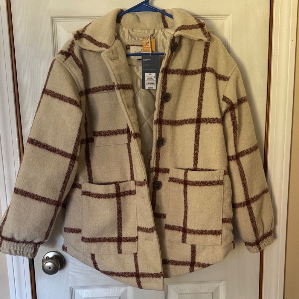 NWT XS Universal Thread Light Plaid Jacket in Cream and Brown